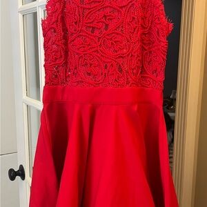 Impressions Red A-Line Mock Neck Prom Dress